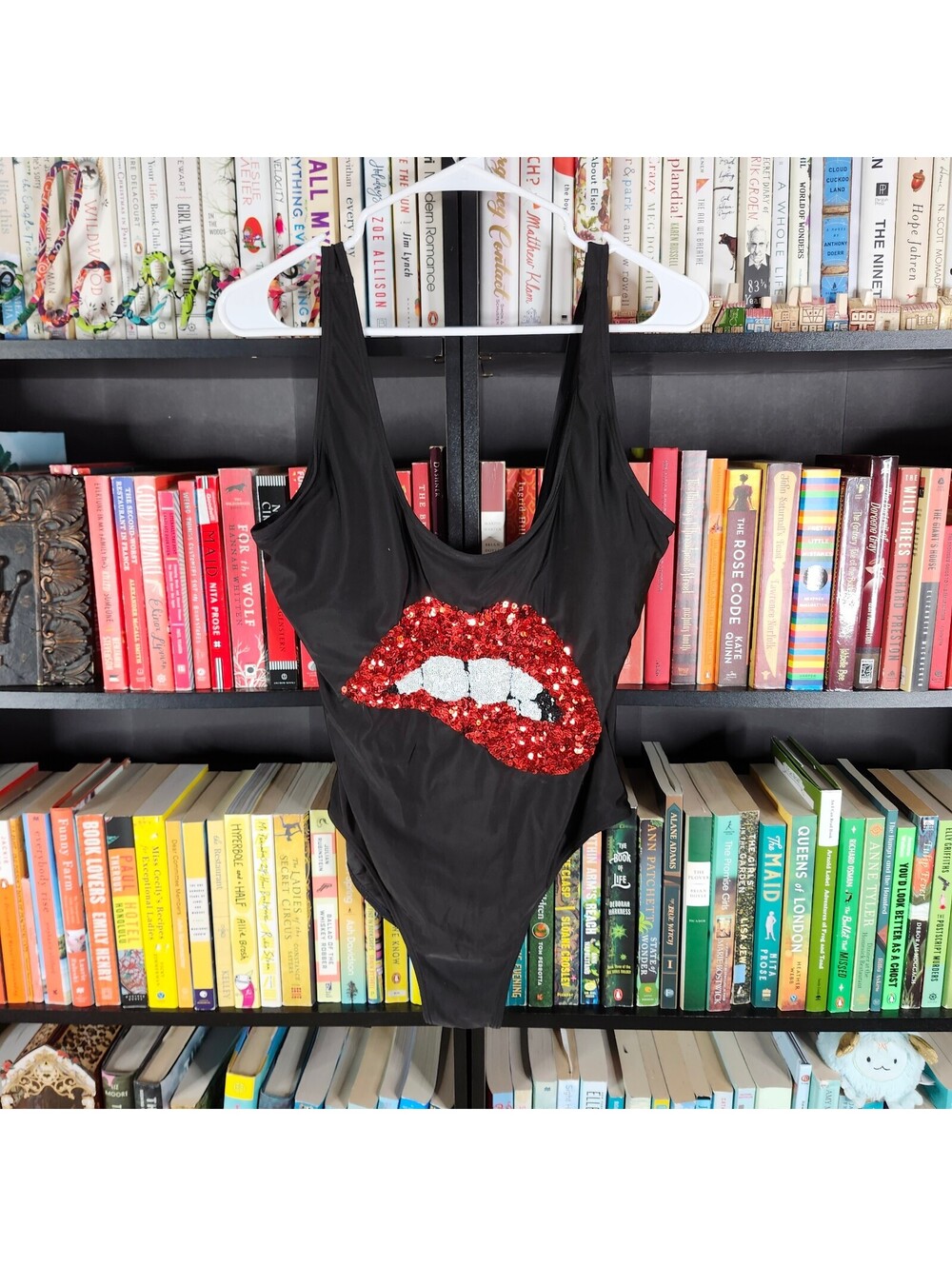 Black One Piece Swimsuit Red Sequin Lips Graphic High Cut Large Rocky Horror
